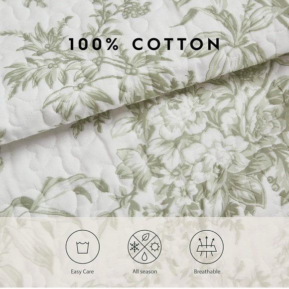 Laura Ashley King Cotton Bedding Sage Green Off White Two Matching Shams New - Picture 9 of 10